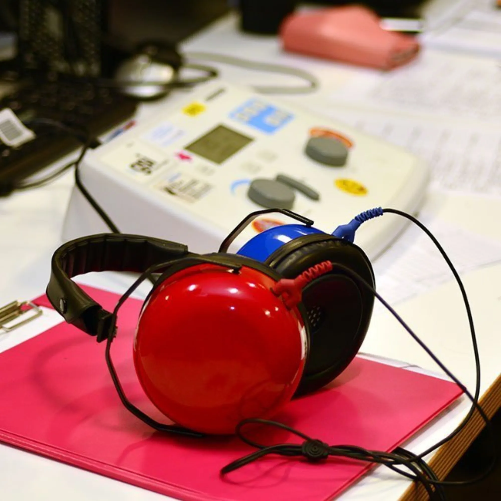 A pair of red-blue headphones besides some equipment.