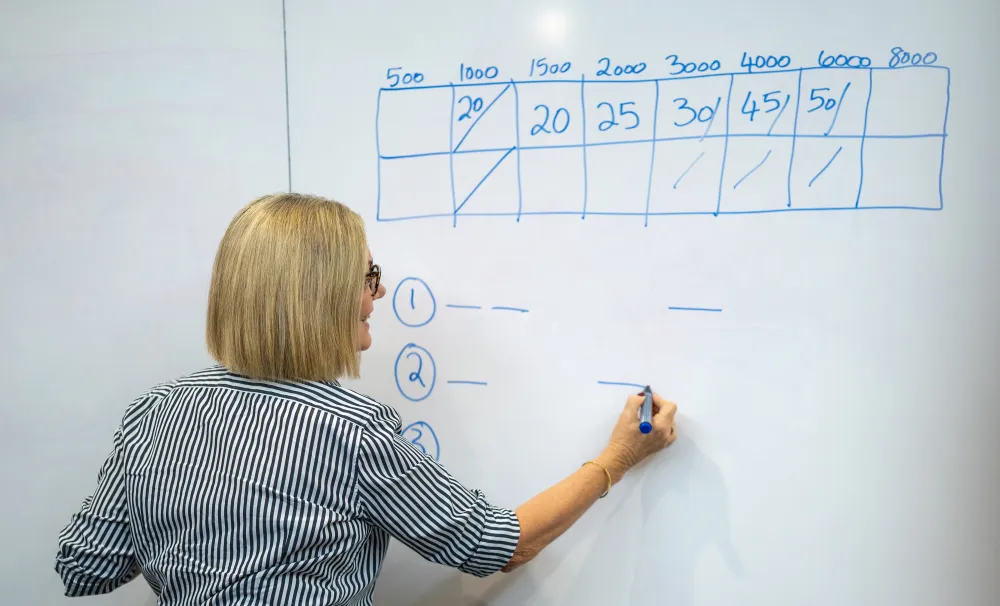 Fiona teaching in front of a whiteboard while looking at the students.